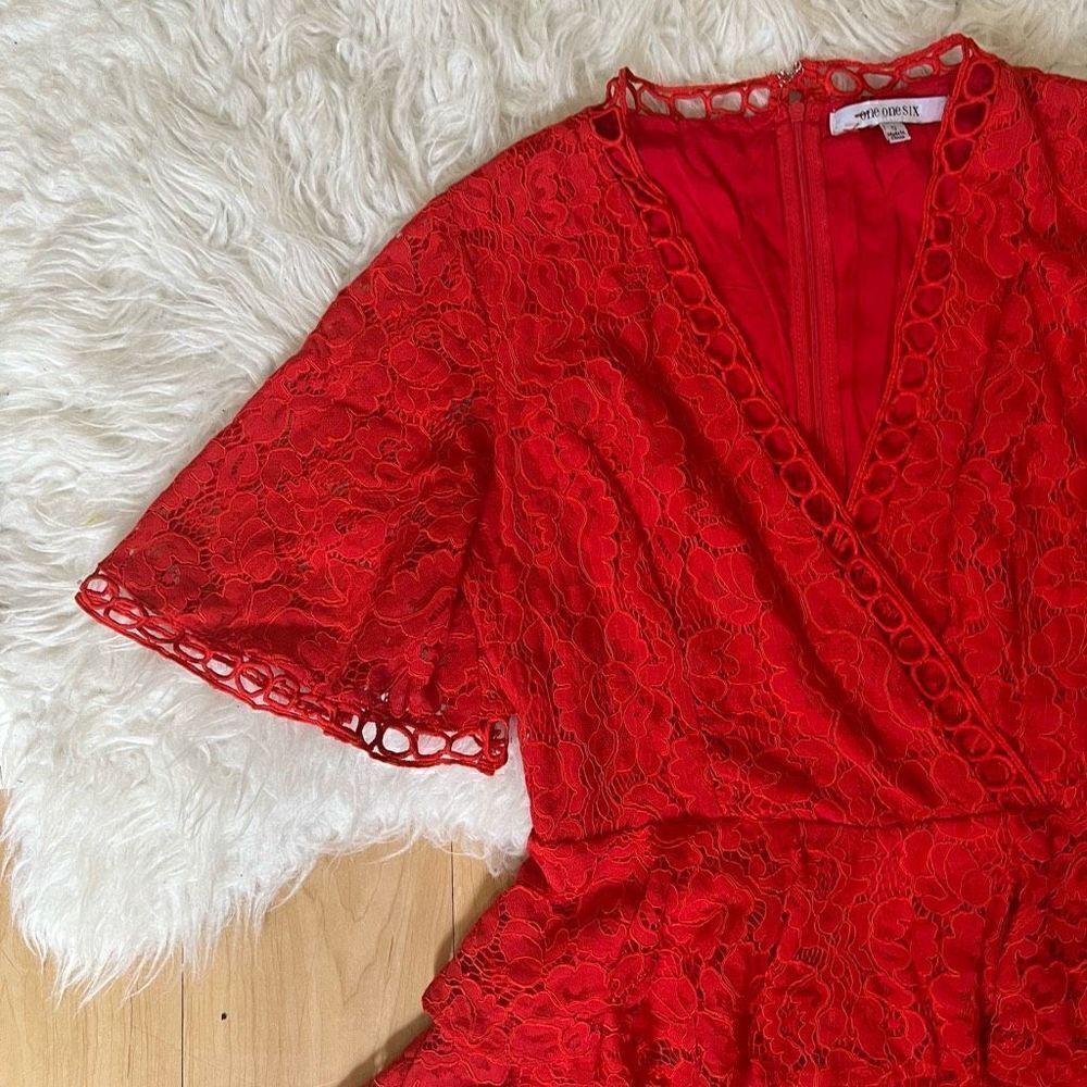 Chic Red Lace Ruffle Mini Dress - Picture 4 of 13